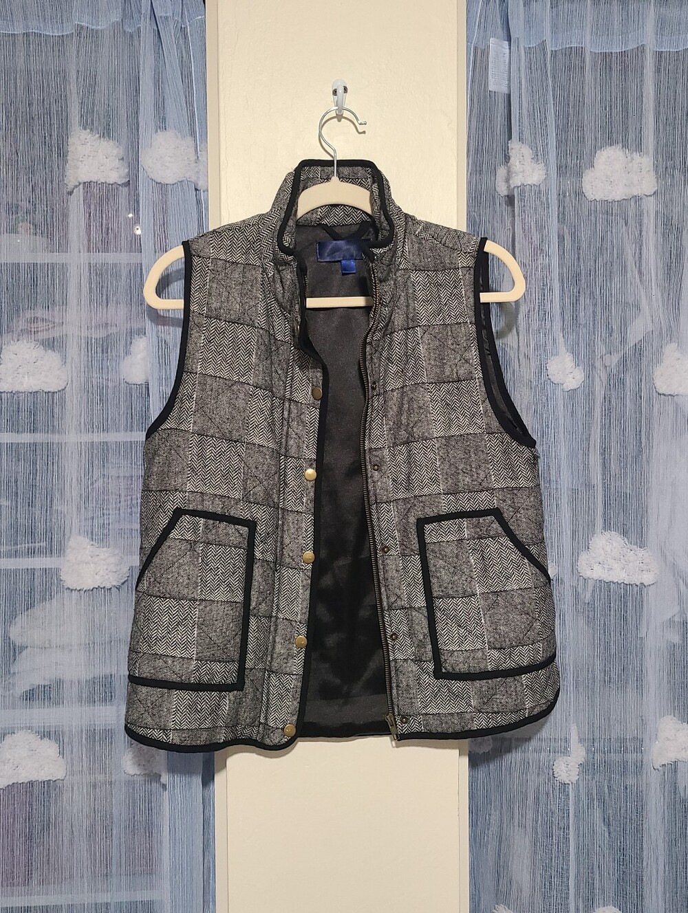 Blue Rain Gray Patterned Quilted Vest with Black Trim